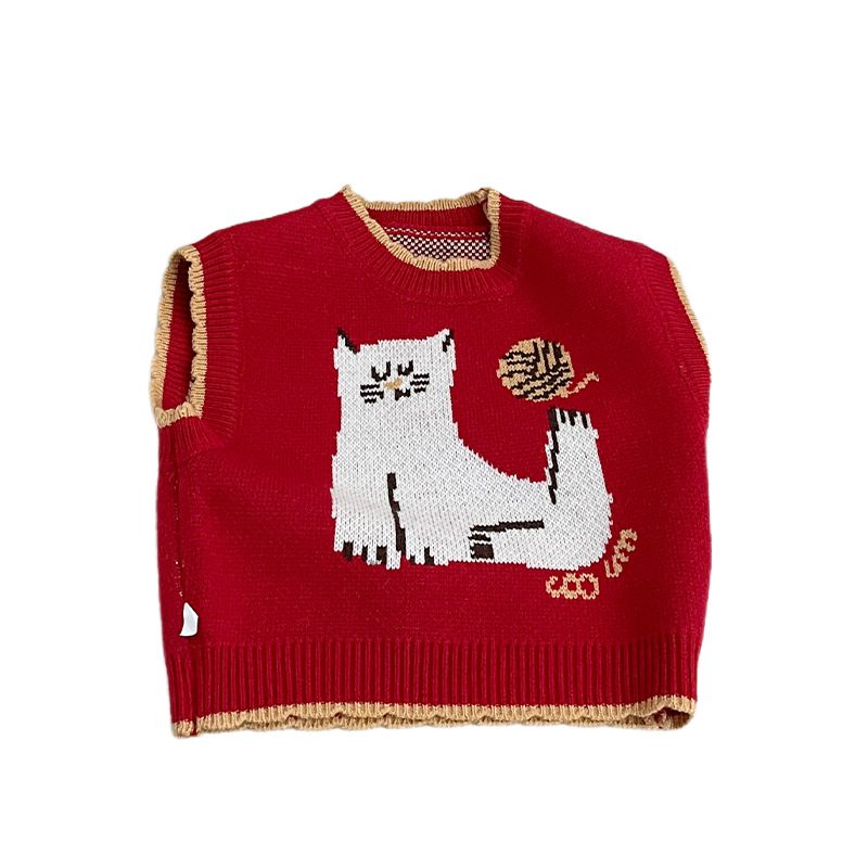 2026 primavera temprana niñas rojo lindo chaleco de punto primavera y otoño estilo extranjero niñas dibujos animados Jacquard chaleco
