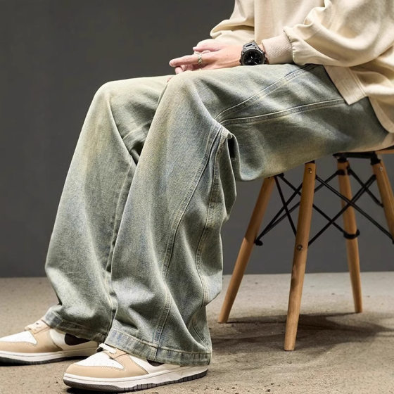 American Style High Street Vintage Vibe Jeans Men's Spring and Autumn New Straight Scimitar Pants Loose Stitching Washed Overalls
