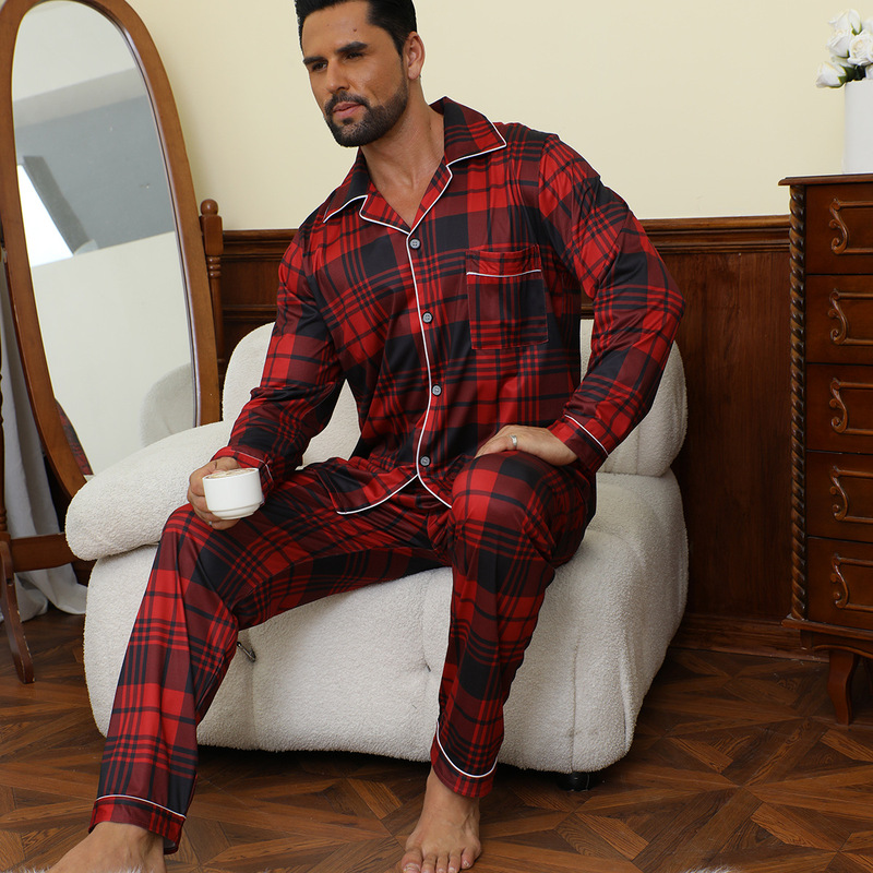 Men's Red Plaid Christmas Long-Sleeve Loungewear Set for Home, European and American Style, Casual Autumn and Winter Pajamas