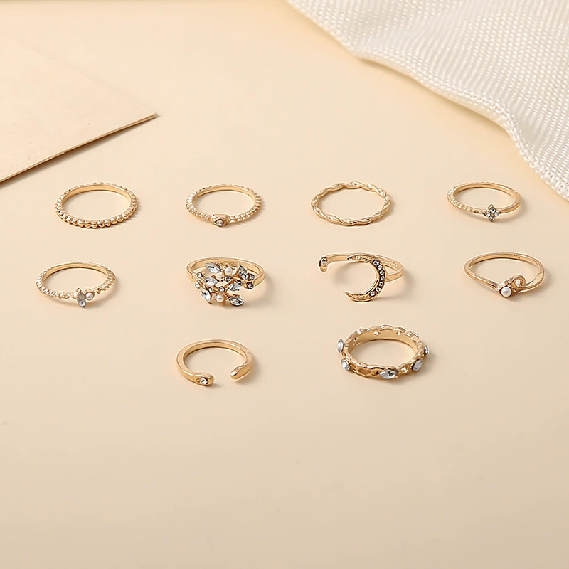 10-Piece Moon & Star Rhinestone Ring Set, Gold-Plated Adjustable Stackable Rings