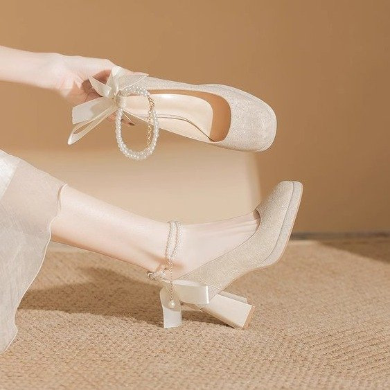 Waterproof Platform Thick-Soled High-Heeled Shoes for Women 2024 New French Champagne Color Wedding Shoes Bridal Shoes Thick-Heeled Mary Jane Shoes
