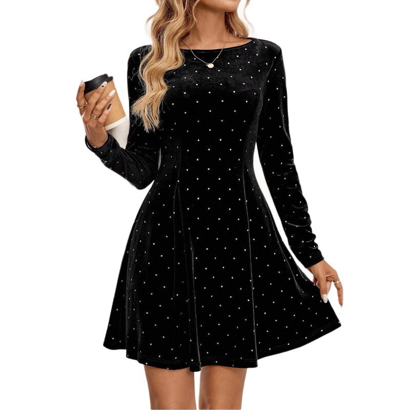European and American Cross-Border 2025 Autumn and Winter Round Neck Long-Sleeved Elegant Polka Dot Flared Dress