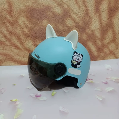 Girls Electric Motorcycle Helmet Drop-Resistant | Motosiklet kaskı (dəbilqə) - no-11-light-blue-tea-short-mirror-white-cat-ears-7-15-years-old