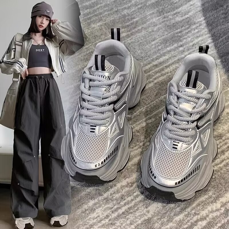 Thick-Soled Dad Shoes for Women 2026 Spring and Summer New Popular Model Silver Mesh Breathable Height-Increasing Running Casual Sports Shoes Thick-Soled Dad Shoes for Women 2026 Spring and Summer New Popular Model Silver Mesh Breathable Height-Increasing Running Casual Sports Shoes