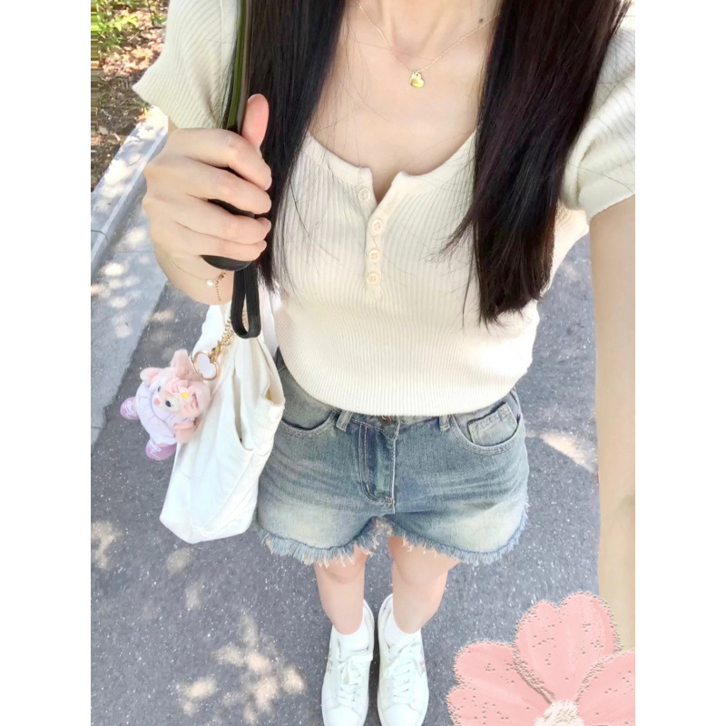 Four-Button Short-Sleeved Women's Pure Lust Style Layered Shirt Top Niche Design Striped Outer Cardigan