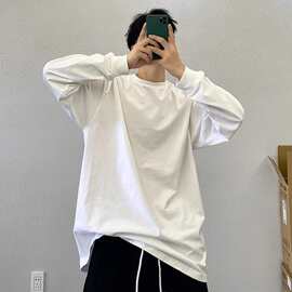 2024秋季高端潮牌白色纯色宽松圆领打底衫长袖T恤男内搭上衣服白t