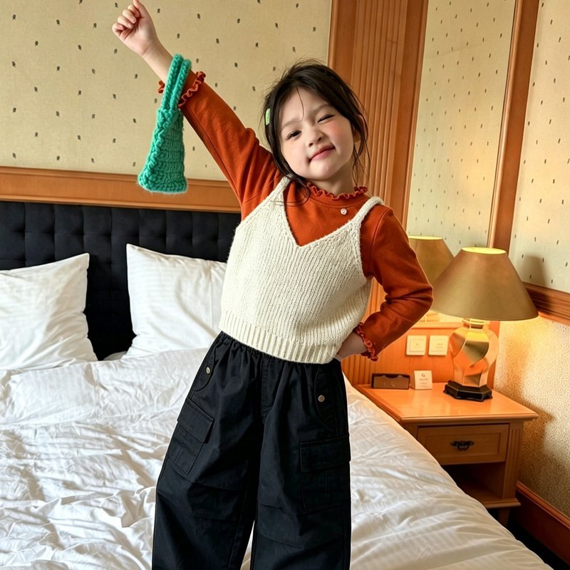 Girls' camisole and base shirt set, 6-piece autumn new style, baby children's clothing, girls' knitted top, trendy