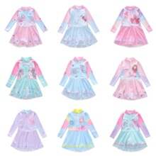 新儿童泳衣女连体裙式长袖泳装平角中大童防晒运动潜水女童游泳衣