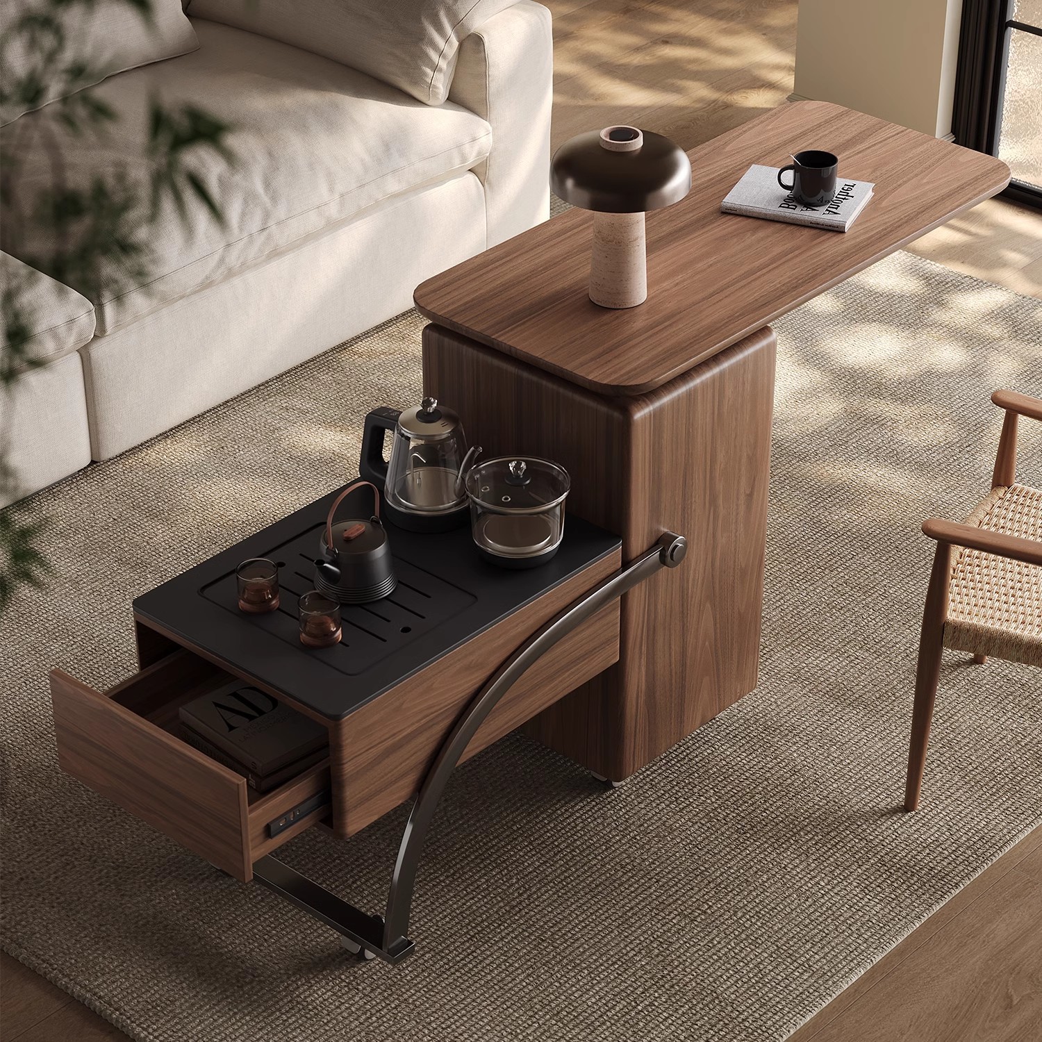 Mesa de té con balcón, kung fu doméstico pequeño, nuez, mesa de té móvil simple moderna, nuevo carro de té giratorio de madera maciza