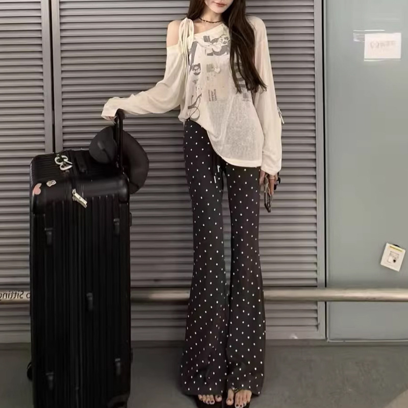 French-Style Airport Sweetheart Off-White Printed Tie-Up Sun Protection T-Shirt/Grey Polka Dot Casual Pants for Women 2026 Summer New