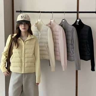 针织拼接棉服女短款年冬季新款小个子轻薄保暖排骨棉袄外套女