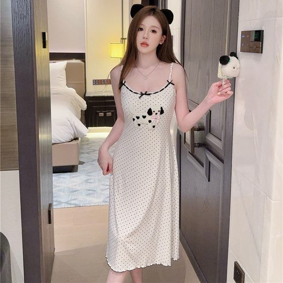 Nightgown Women's Summer Modal Cotton Polka Dot Love Dog Printed Comfortable Sling Nightgown with Breast Cotton Home Clothes