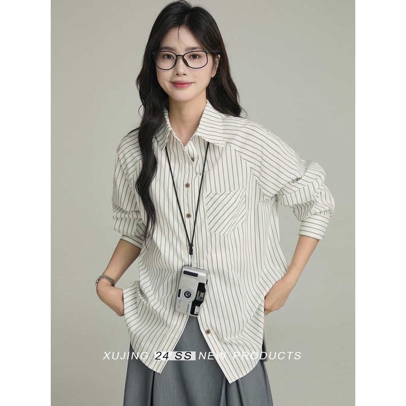 叙境白色竖条纹衬衫上衣长袖女士秋季新款通勤宽松内搭休闲衬衣|undefined
