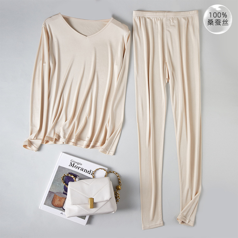 High quality Grade 6A 100% mulberry silk thermal women's underwear suit solid color comfortable V-neck silk long johns