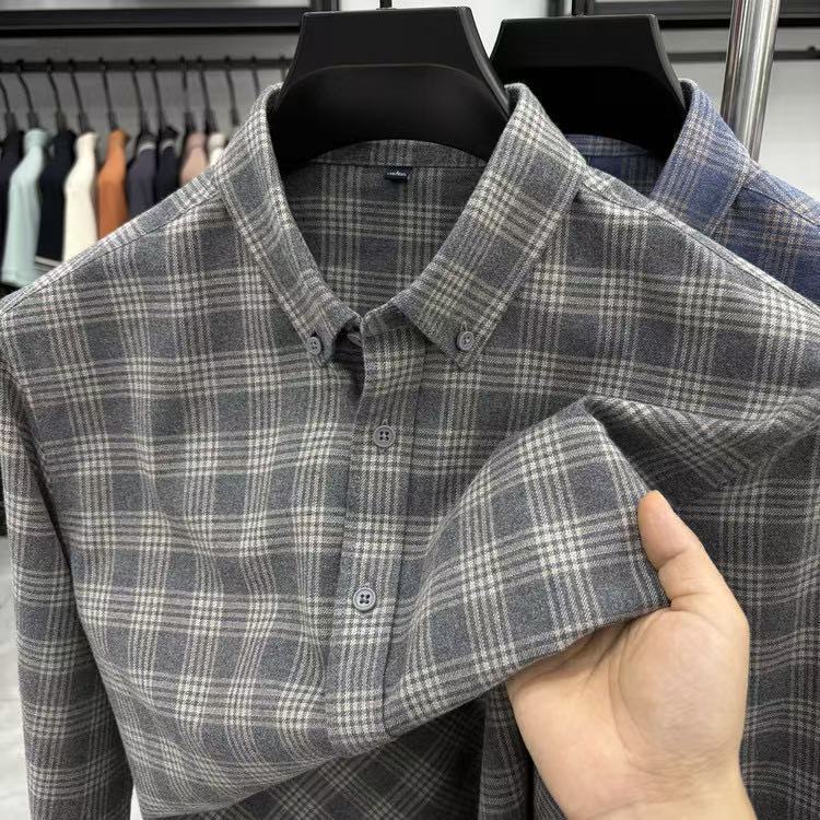 中年男士商务休闲长袖格子衬衫秋冬季新款简约时尚男装纯棉衬衣|undefined