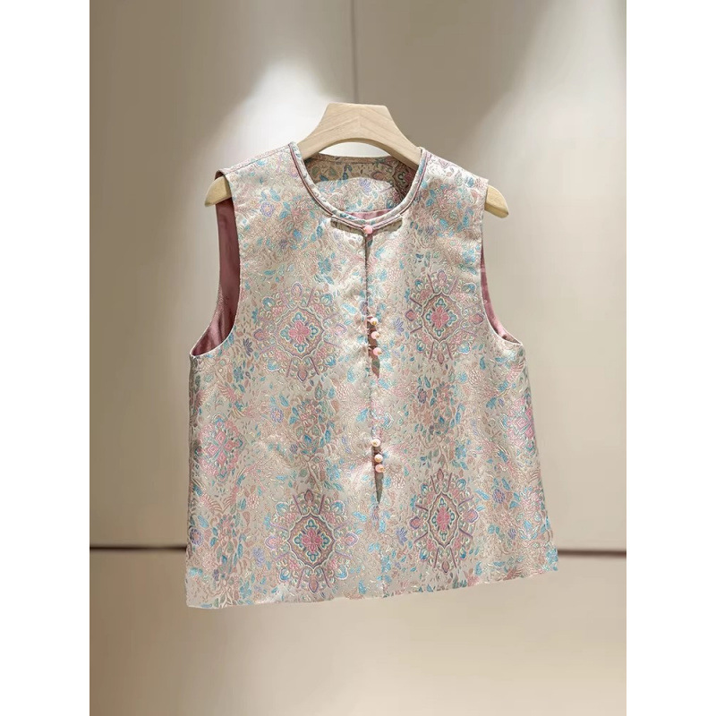 Wksz2623 Pink Jacquard New Chinese Style Vest for Women 2026 Summer New Model Young National Style Buttoned Round Neck Waistcoat