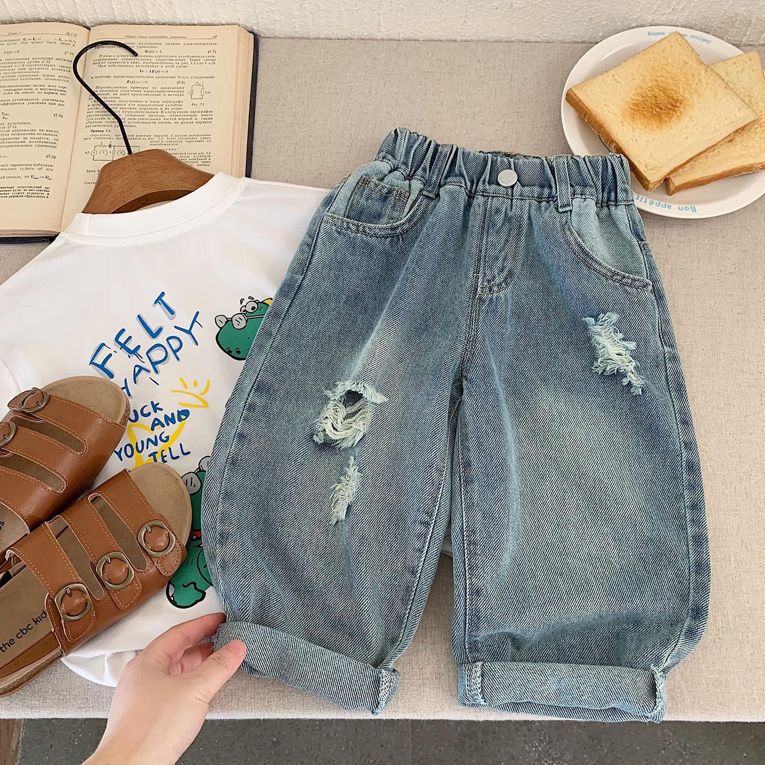 Otoño bebé jeans, pantalones de primavera para niños y niñas, pantalones de rábanes, pantalones de jeans agujeros de letras para niños image 4