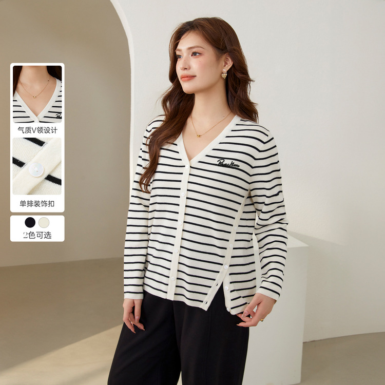 Fiber Show Large Size Women's Clothing Korean Fashionable Stripe Slim and Temperament V-neck Knit Sweater Fat mm2024 Autumn New Style