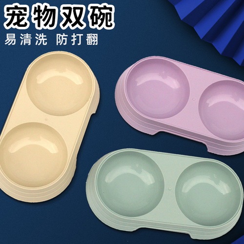 Dog bowl manufacturer wholesale candy-colored drinking water feeding all-in-one cat bowl double bowl plastic anti-knock and easy to clean pet bowl