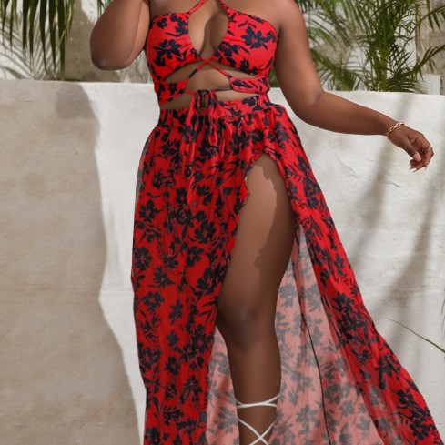 New cross-border foreign trade bikini plus size printed three-piece Amazon European and American swimsuit in stock wholesale