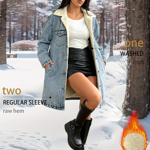 New Elegant Women's Casual Stylish Long Sleeve Washed Cotton Coat with Fleece Retro Denim Jacket for Women Blue Other