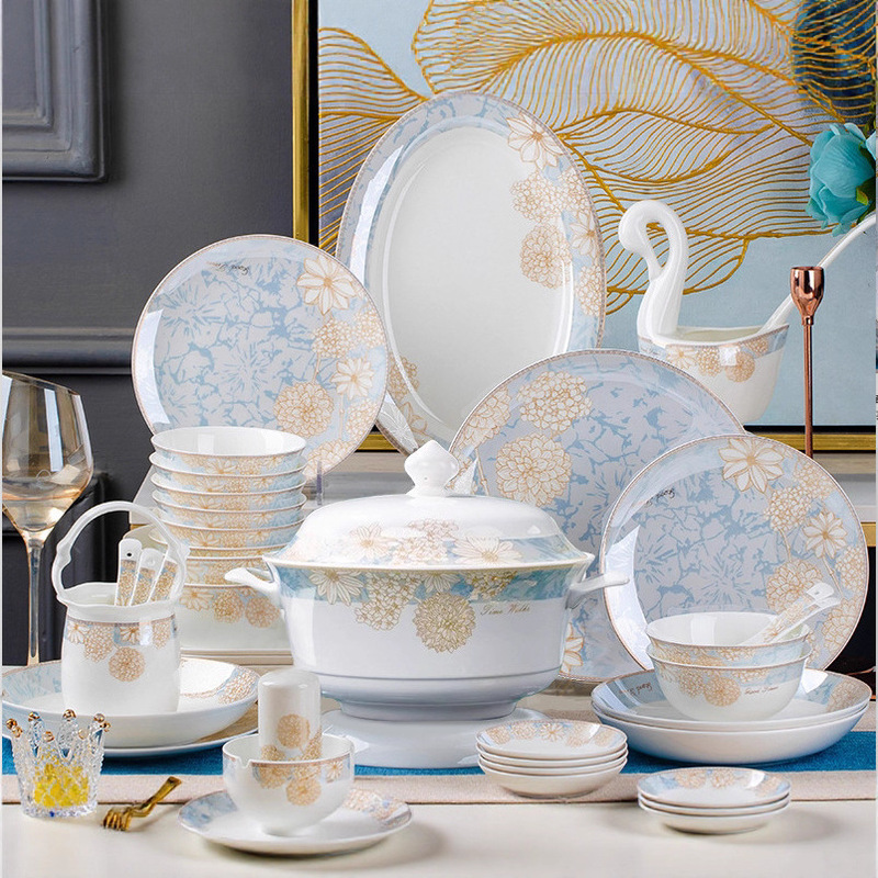 Bowl and Plate Household Tableware Set Complete Set Ceramic Wholesale Gift European Style Light Luxury Rice Bowl Bone China Bowl Plate Jingdezhen