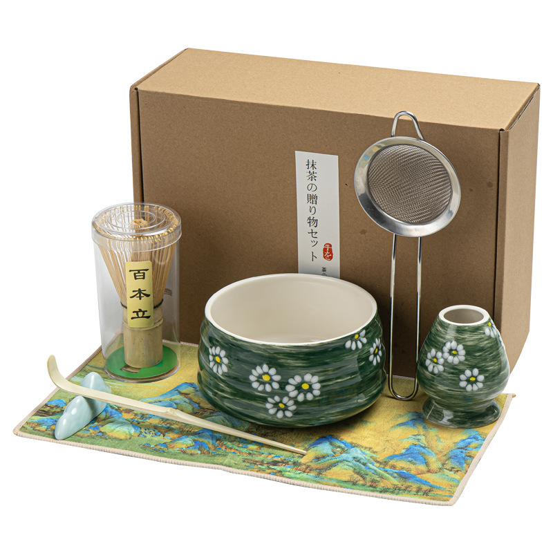 Nuevo juego de cuencos de matcha de cerámica de estilo japonés transfronterizo Juego de 7 piezas Herramienta de batido de huevos