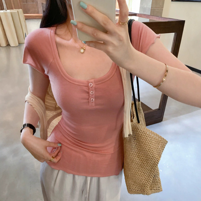 Lyocell Tencel Ruffled U-Neck Short-Sleeve T-Shirt for Women, Summer 2026 New Korean Style Pleated Design Top Lyocell Tencel Ruffled U-Neck Short-Sleeve T-Shirt for Women, Summer 2026 New Korean Style Pleated Design Top