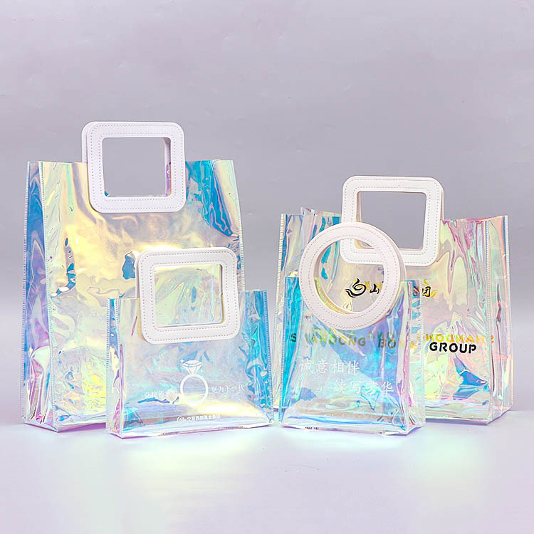 幻彩镭射手提袋 便携洗漱化妆品收纳袋 透明塑料鲜花PVC袋批发