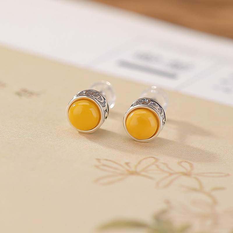 Bông tai bạc S925 hình tổ ong retro cổ điển, mặt tròn khắc chữ thần chú — một cặp