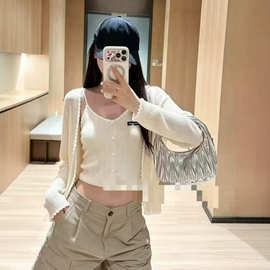 现货MU家蝴蝶结针织开衫耳边条纹吊带女薄款蕾丝两件套新款上衣
