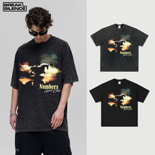 黄昏骏马 跨境美式复古水洗做旧潮牌男女情侣短袖t恤重磅纯棉美潮