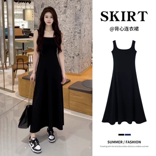 黑色吊带连衣裙子女夏季法式气质高级感小个子收腰显瘦背心款长裙