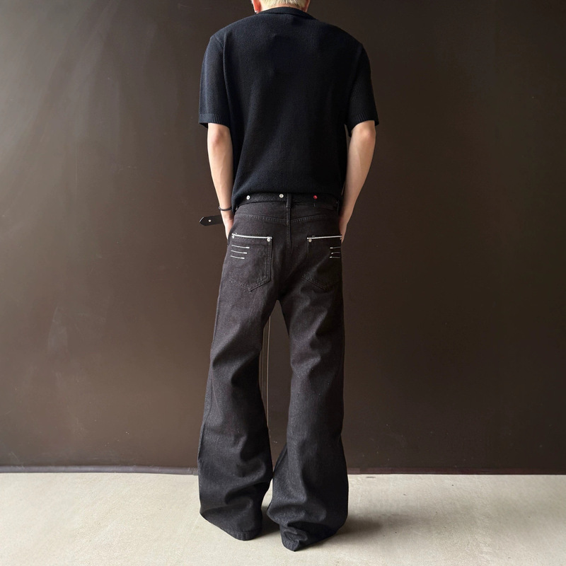 American-Style Trendy Versatile Raw Denim Jeans with Four-Thread Narrow Embroidery, Specially Designed for a Slightly Flared Fit That Enhances Height, Versatile Jeans