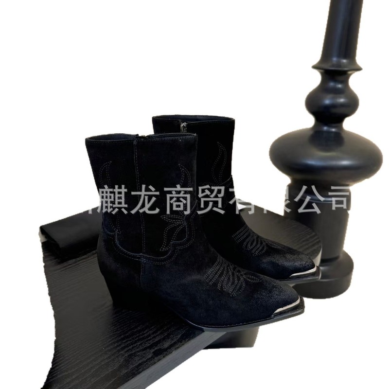 高端品质2025真皮尖头复古刺绣粗跟粗高跟侧拉链西部牛仔靴骑士靴|undefined