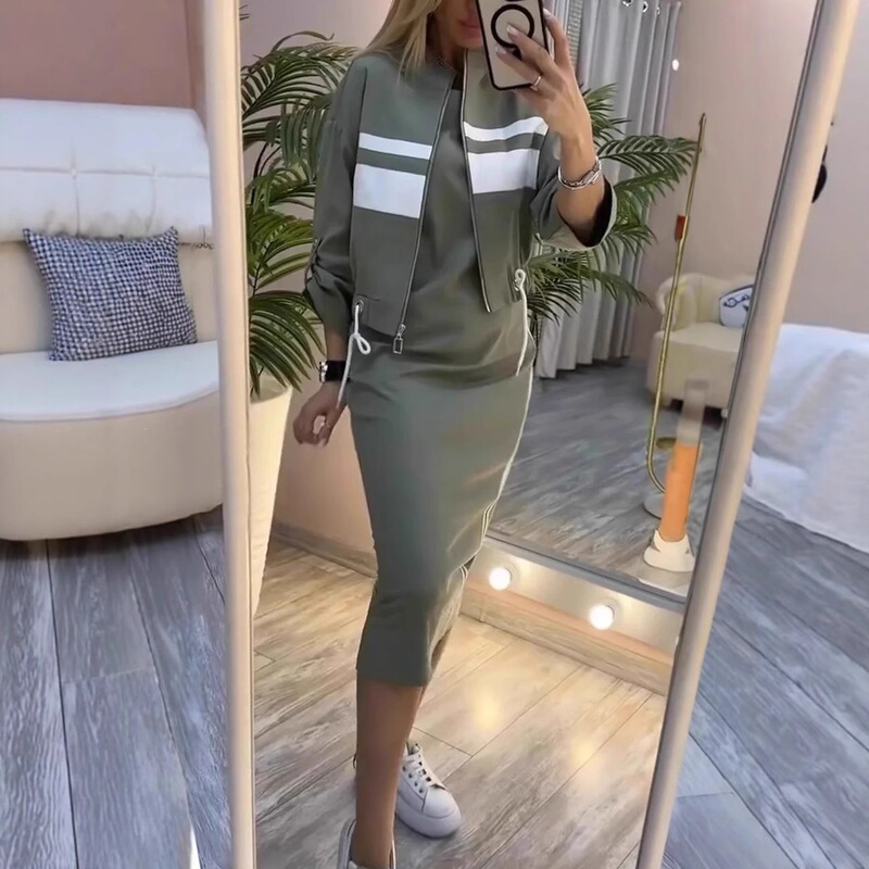 2025 Autumn/Winter European and American cross-border independent brand women's outfit: hip-hugging, knee-length white striped dress with zipper jacket 2025 Autumn/Winter European and American cross-border independent brand women's outfit: hip-hugging, knee-length white striped dress with zipper jacket