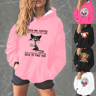 LN1007 现货2024春秋新款跨境女士时尚气质印花加绒口袋连帽卫衣