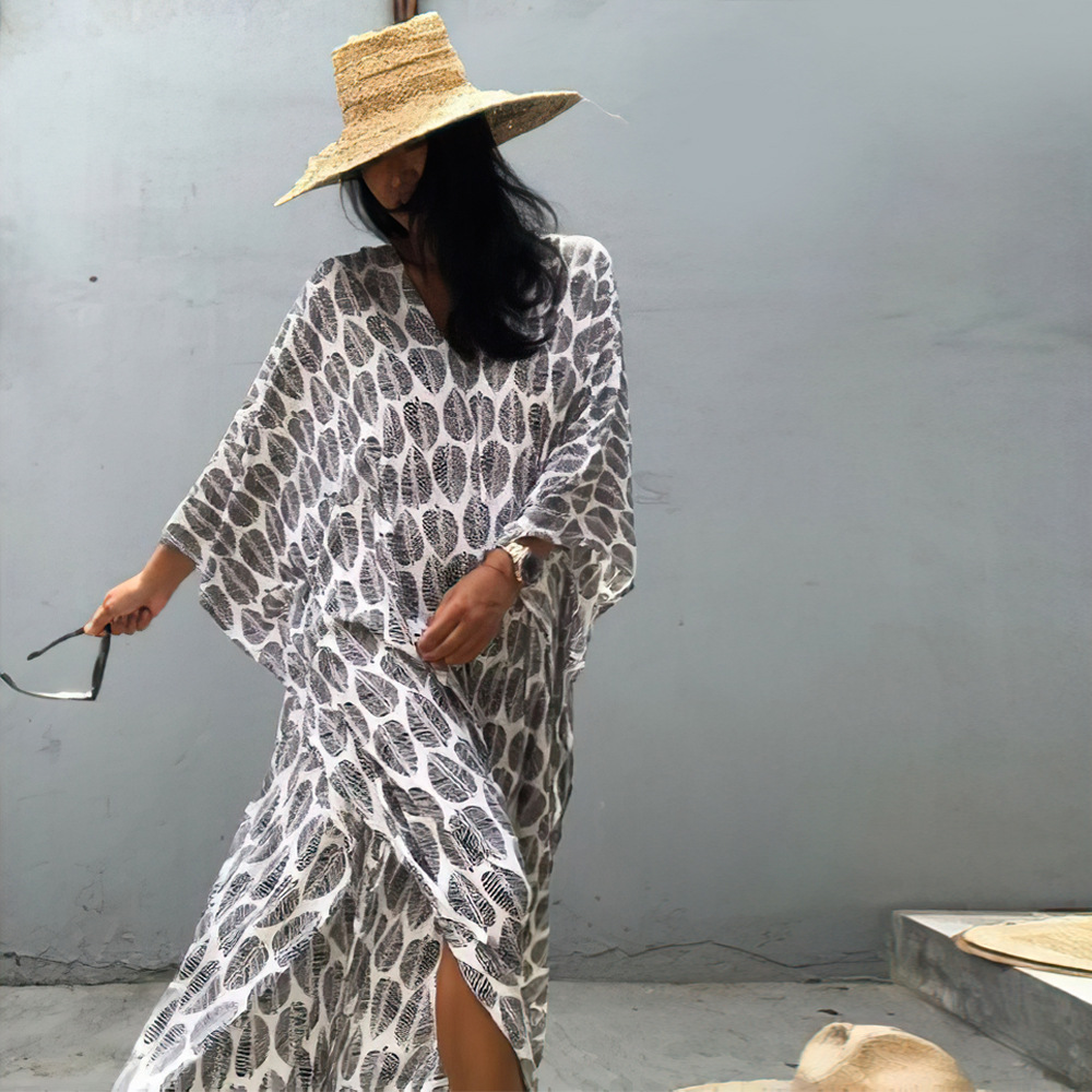 1D100 playa blusa nuevo delantero y trasero en V cuello suelto playa vacaciones falda bikini sol protección camisa transfronteriza