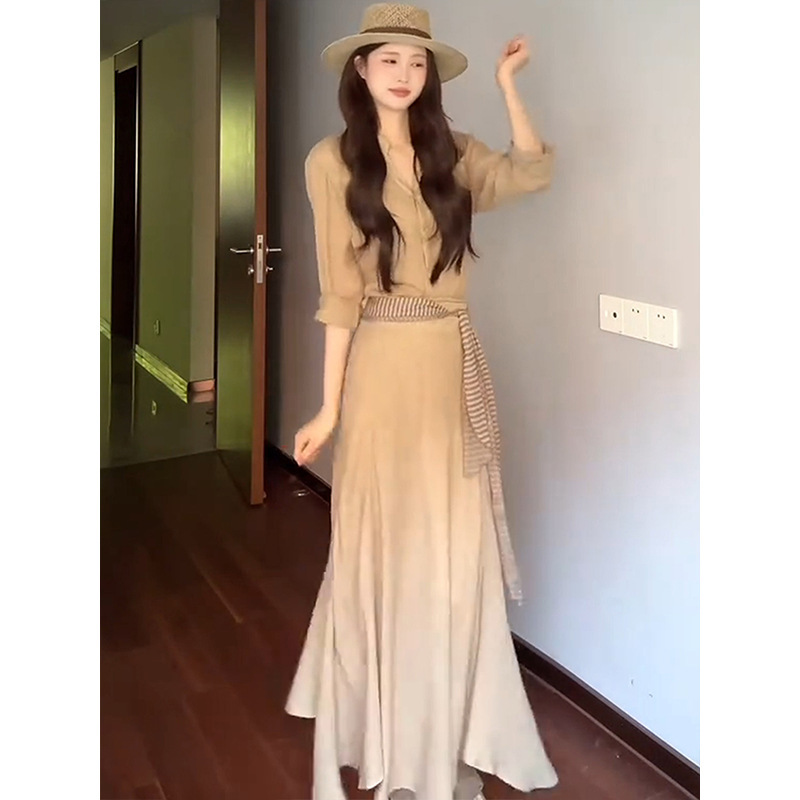 休闲风复古气质套装女2025夏季新款宽松衬衫半身裙两件套简约女装|undefined