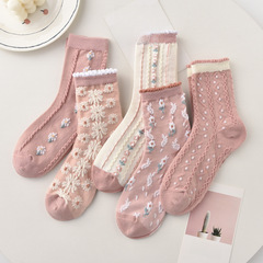 立體復古襪子女中筒襪秋冬款甜美加厚ins潮日系民族風長筒襪批發