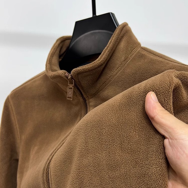 Fleece Men's Double-sided Polar Fleece Solid Color Cardigan Sweater Men's Winter Warm Casual Collar Jacket Coat