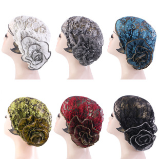 Ethnic Style Breathable Bright Silk Lace Large Flower Headwear Hat Women's Muslim Head Cap Fashion Home Hat
