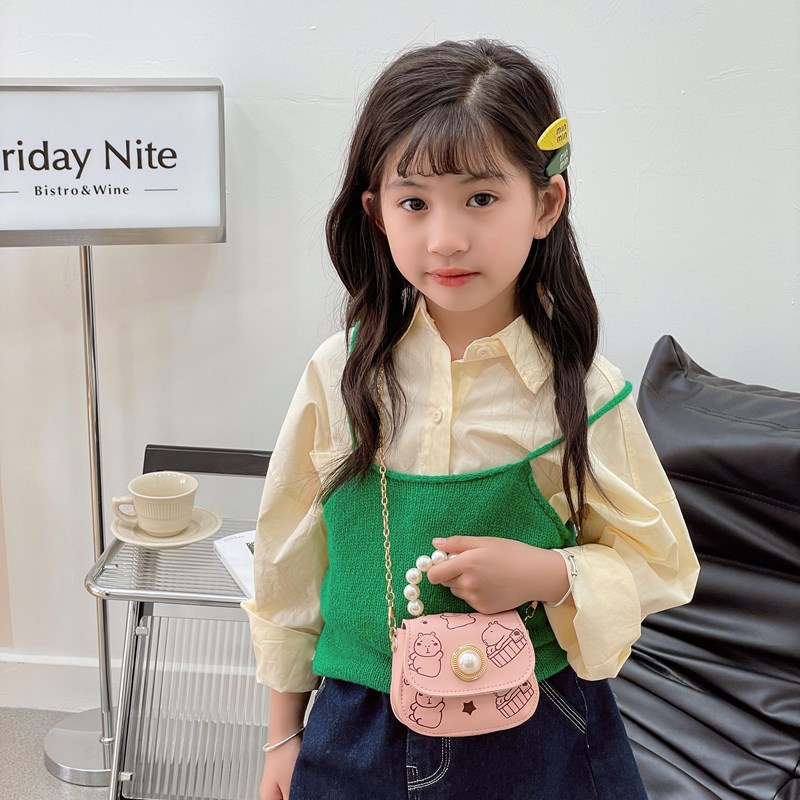 2025 nuevo bolso para niños estilo occidental mini bolso diagonal para bebé dulce cadena de moda de perlas bolso de hombro para niñas