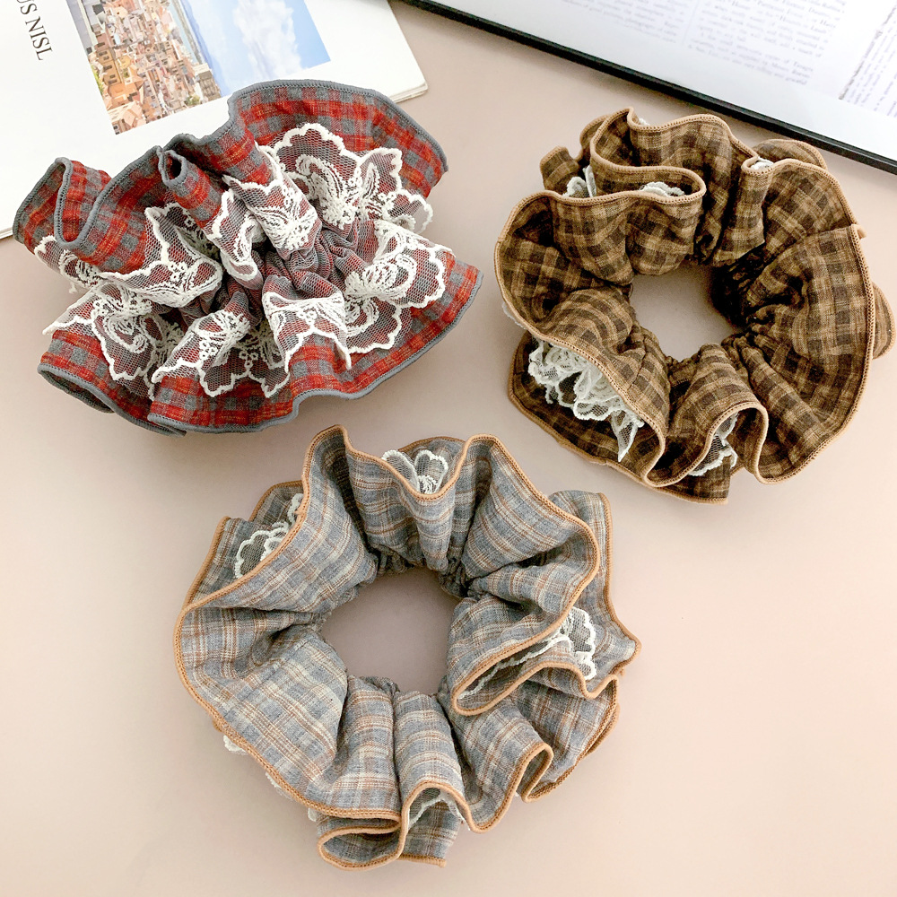 赫本風蕾絲花邊新款芭蕾風雙層撞色高級感大腸發圈超大號復古髮飾