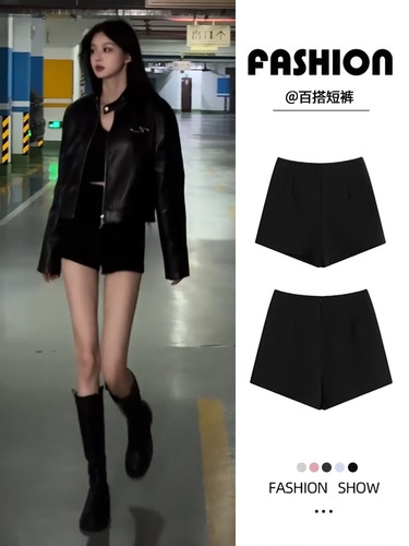 Black cropped pants for fall/winter, fleece-lined 2025 new style—high-waisted, figure-flattering A-line hot pants, perfect with casual suits or as edgy bottoming leggings for 