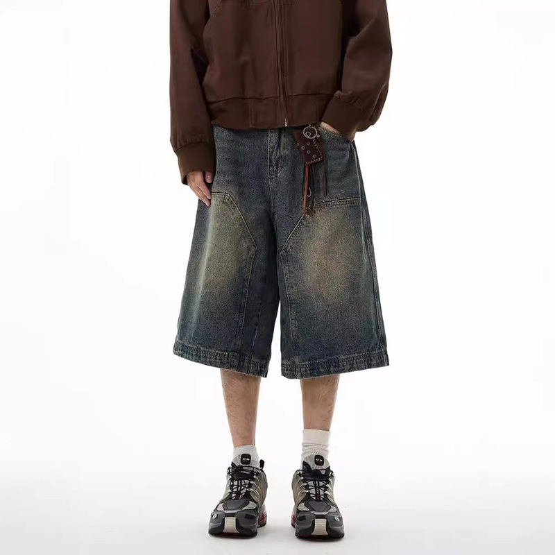 American Style Denim Shorts Men's Retro Pants European and American Logging Wide Leg Shorts Six-legged Pants Couple's Summer