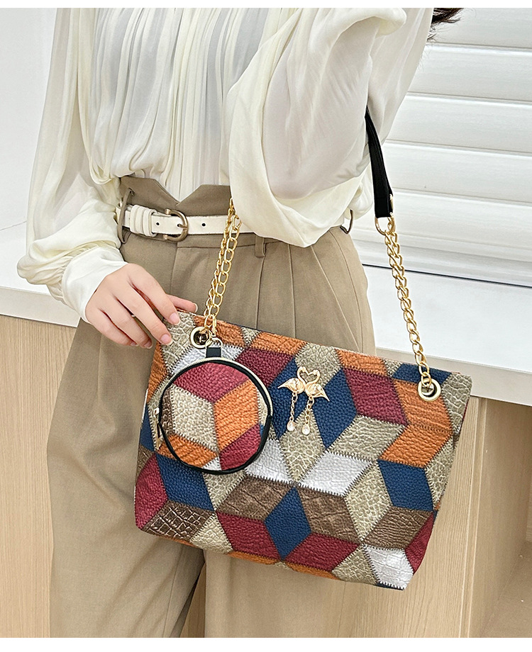Pu Leather Material Women's Medium Pu Leather Color Block Solid Color Classic Style Streetwear Sewing Thread Square Zipper Tote Bag