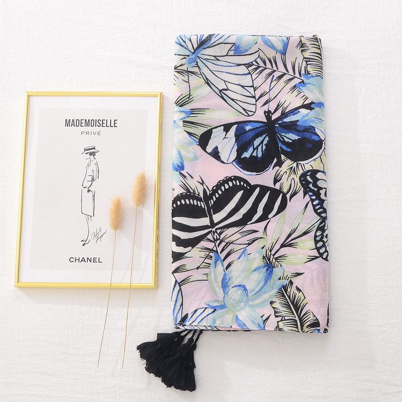 Bufanda de Primavera Verano protector solar chal largo bufanda de seda delgada hojas flores mariposa impresa algodón y lino sensación bufanda