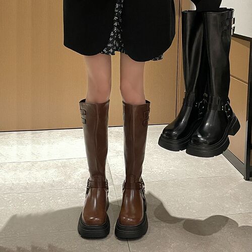 Internet-famous fashionable women's over-the-knee boots 2024 solid color autumn chunky heel riding boots western high-top non-slip boots trendy
