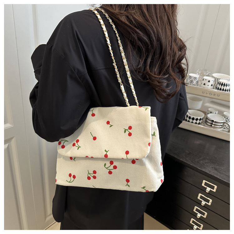 270g Weight Sewing Thread Fashion Element Magnetic Buckle Closure Type Single Shoulder Strap Strap Type Canvas Bag Bags Type Daily Occasion Canvas Material Cherry Pattern All Seasons Season Women's Gender Cute Style Square Shape Women's Canvas Cherry Cute Sewing Thread Square Magnetic Buckle Canvas Bag 2